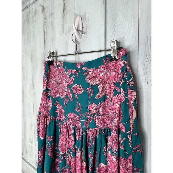 ABEL THE LABEL TEAL PINK FLORAL SLIT SIDES ELASTIC WAIST FLOWY BOHO MAXI SKIRT S - Picture 5 of 15